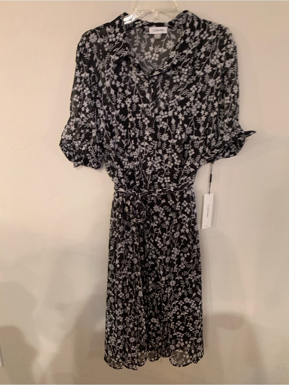 Calvin Klein Black & White Floral Tie-Waist Midi Dress with Slip Dress NWT 16